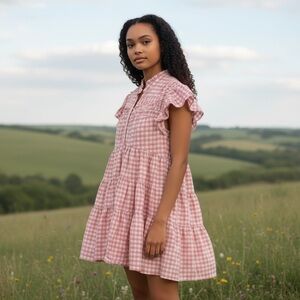 Karlie Gingham Poplin Tiered Ruffled‎ Babydoll Dress Smocked Mock Neck Flutter S